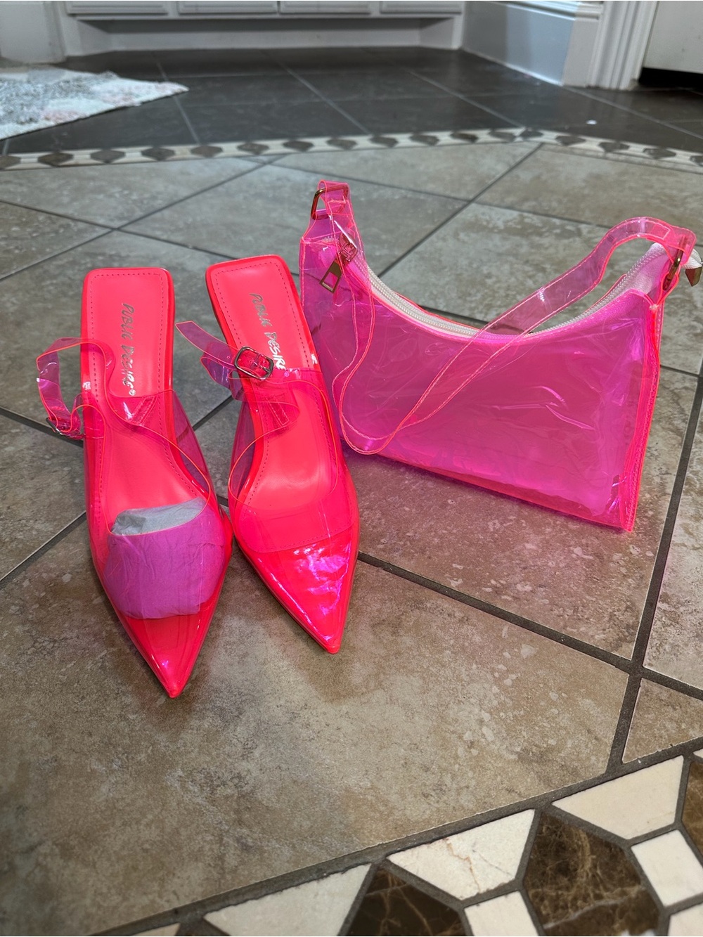 Public Desire Neon Pink Pointed Toe Slingback Heels with Matching Clear Pink Bag
